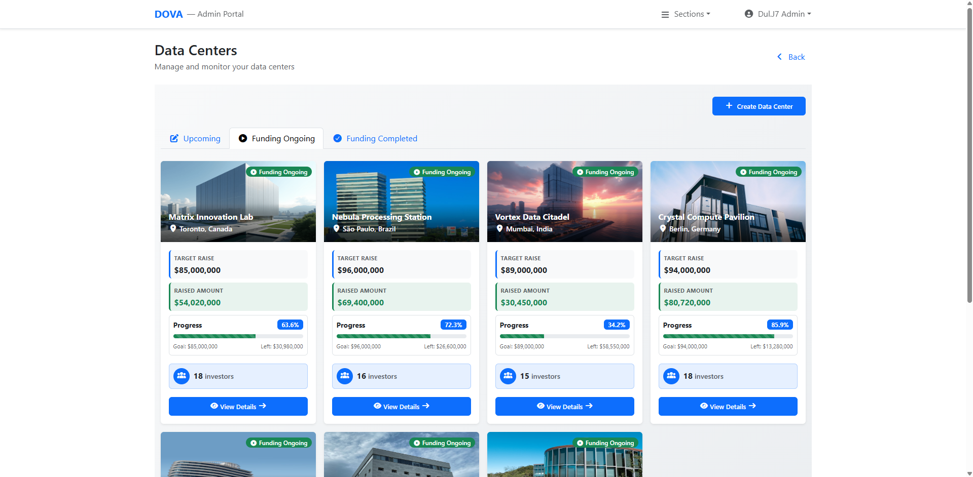 Data Centers management view with cards displaying individual facilities, their funding targets, raised amounts, progress bars, and investor participation details.