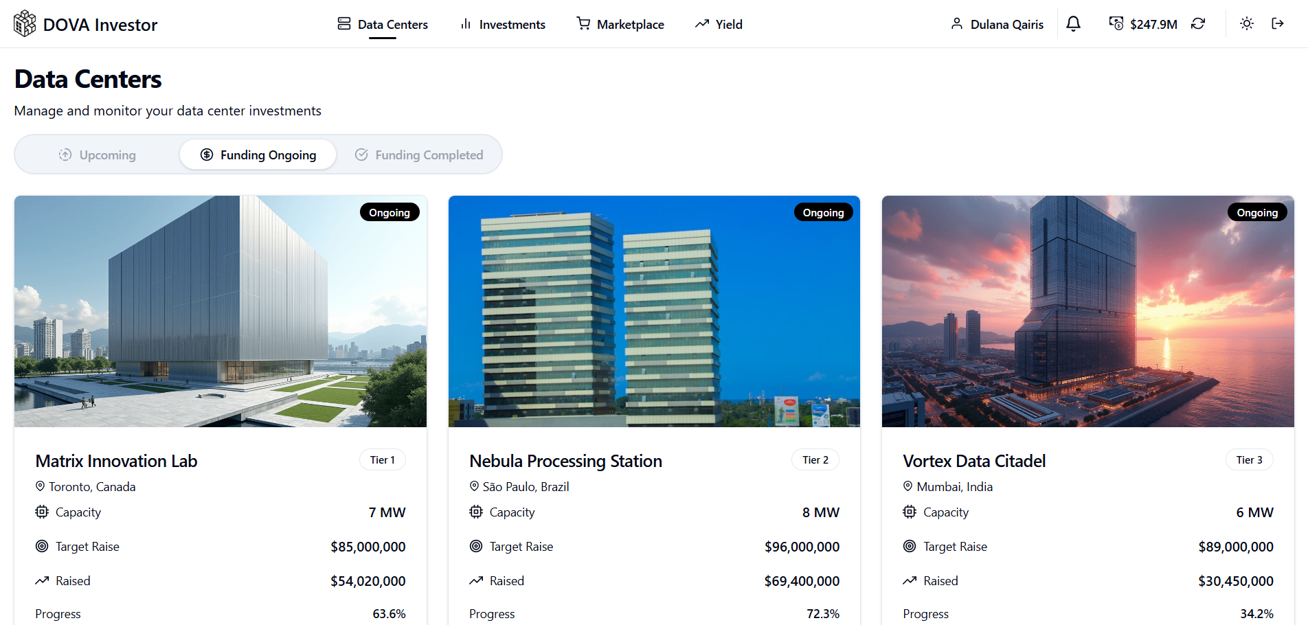 Investor portal Data Centers page showing available facilities with capacity, target raise, funding progress, and tier classifications for investment.