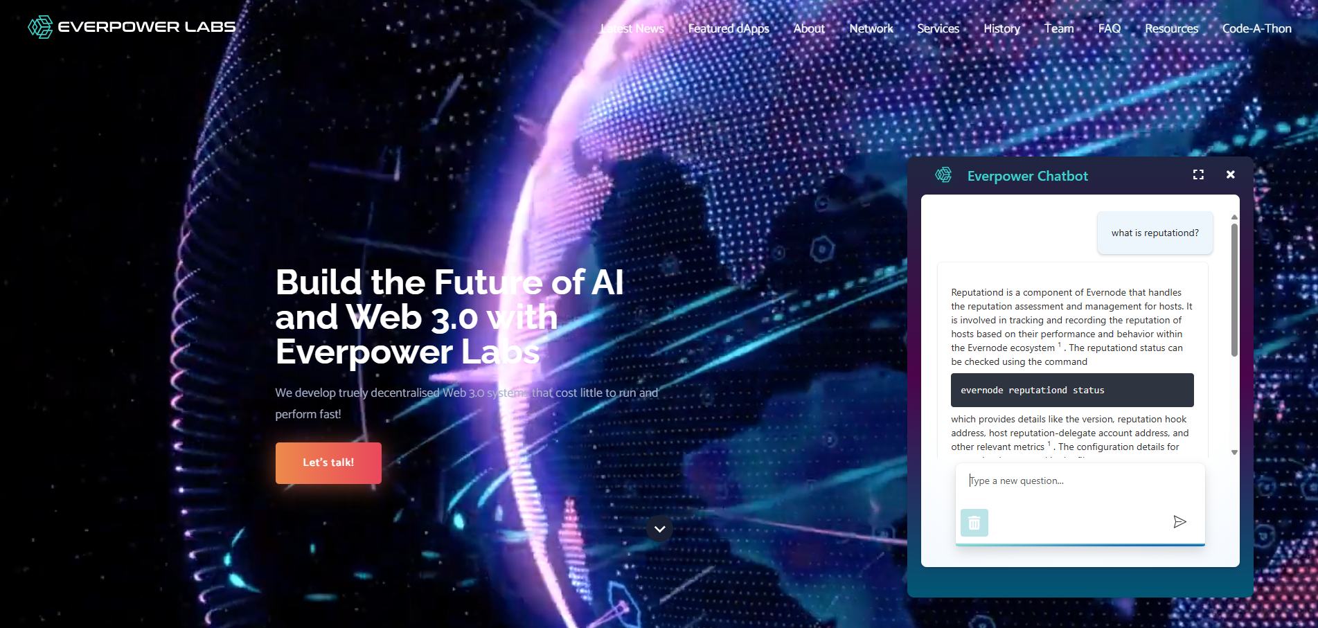 Embedded chatbot widget on the Everpower Labs website, providing contextual AI assistance about Evernode.