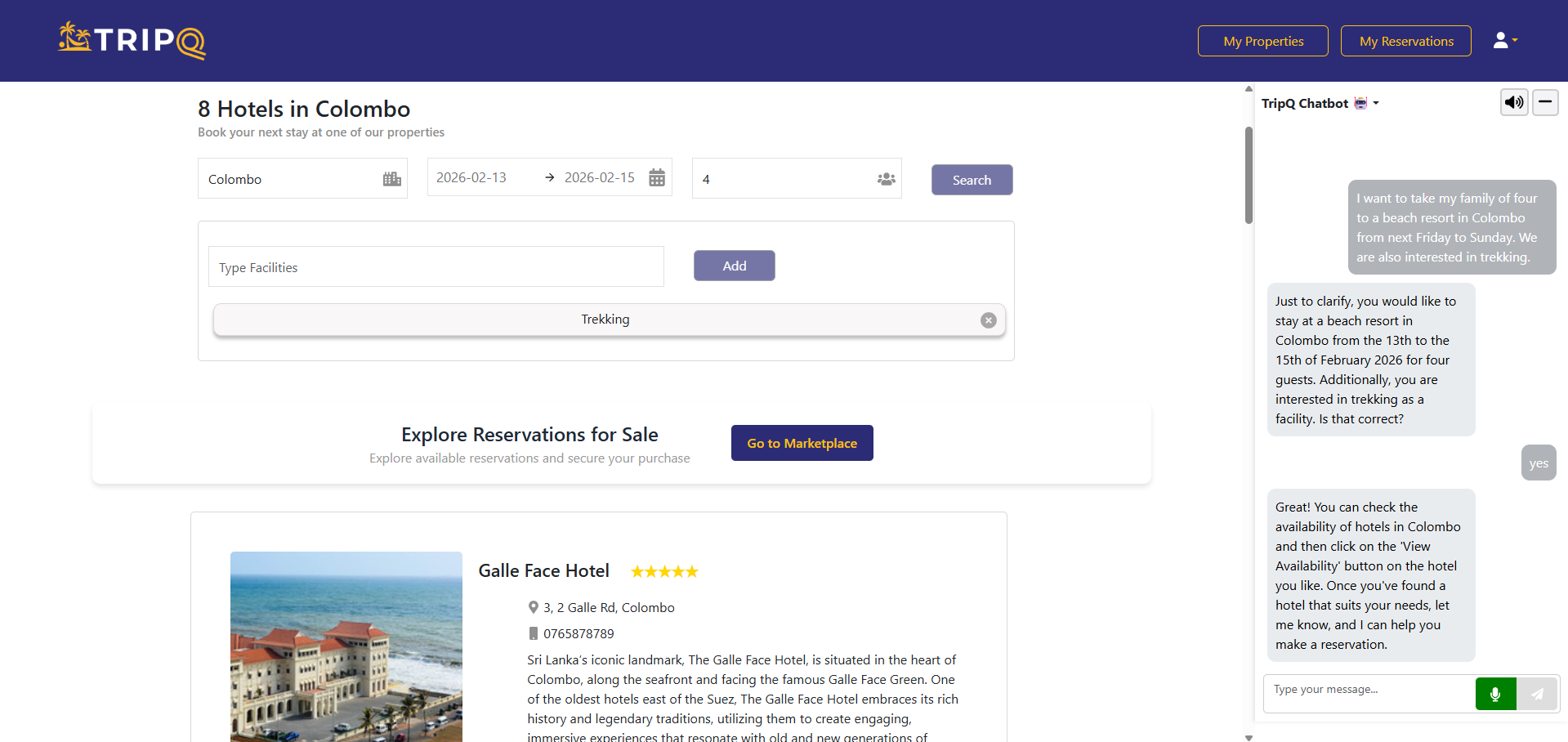 Hotel search and booking interface with integrated AI chatbot assistant. Users can search properties, view available reservations, and get AI-powered travel recommendations in real time.