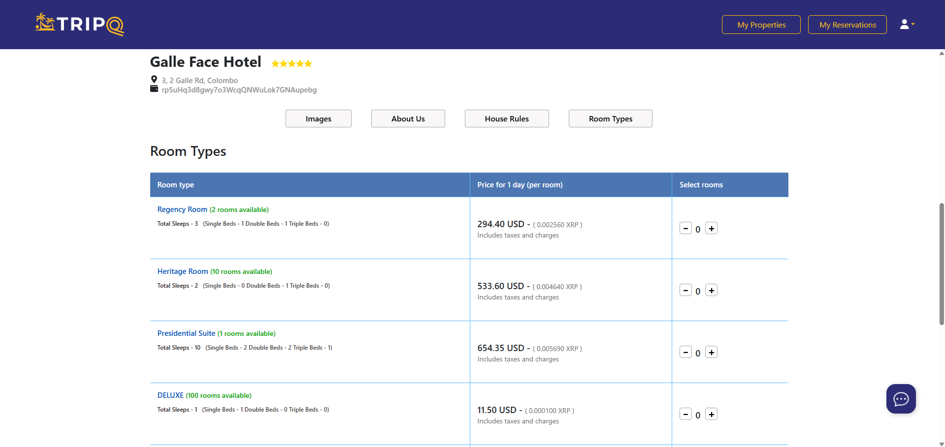 Hotel detail page displaying room types with pricing in both USD and XRP. Supports blockchain-based payments through XRPL integration with room selection and booking.